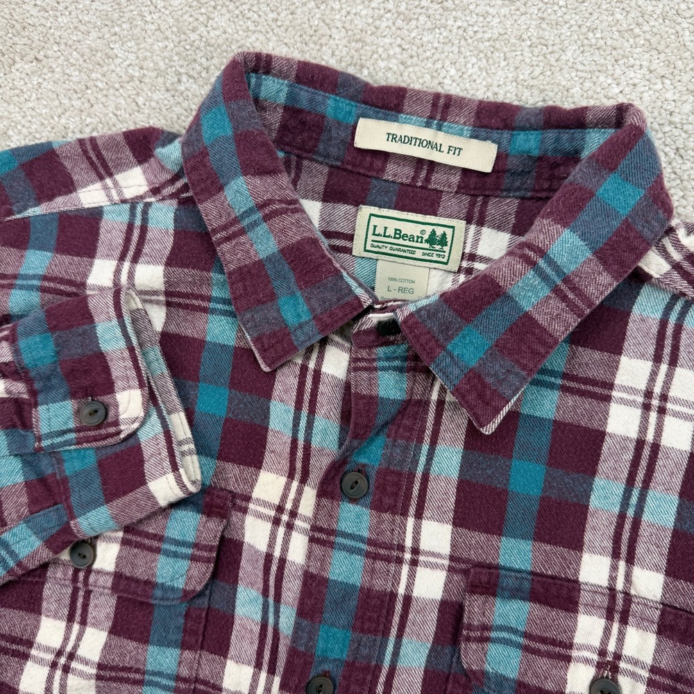 LL Bean Mens L Flannel Shirt Maroon Teal Plaid Traditional Fit Cotton LS